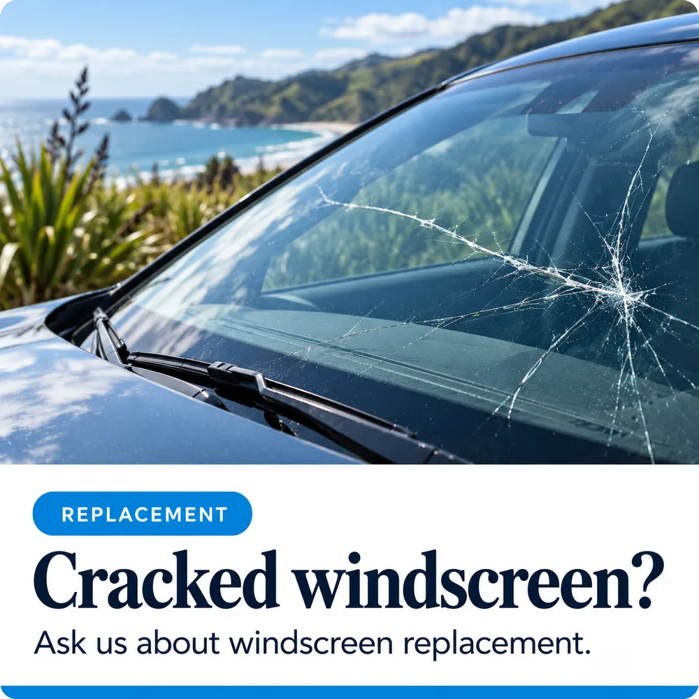 Cracked windscreen on a car overlooking the Bay of Plenty coast